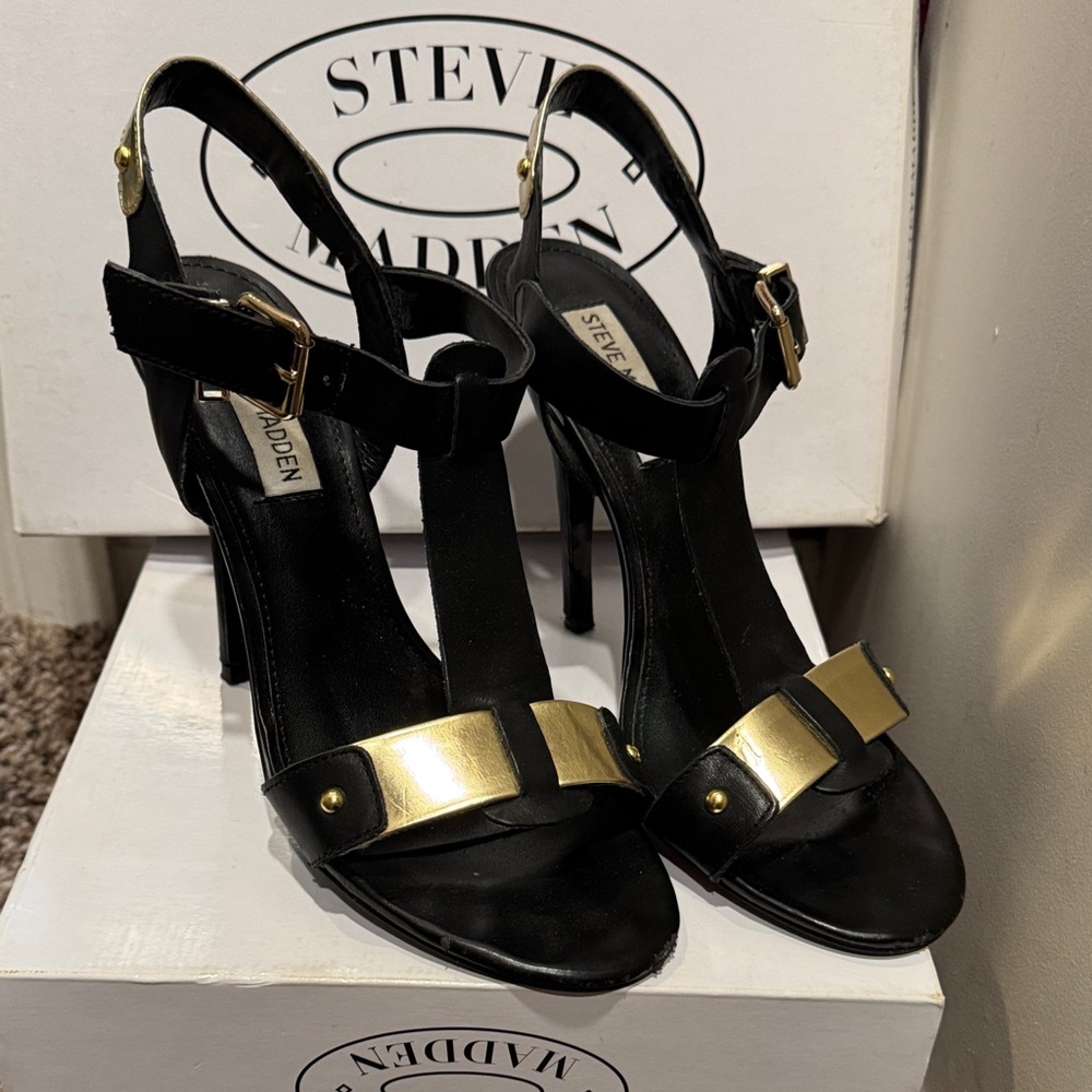 Steve Madden Black Heels with Gold Accents